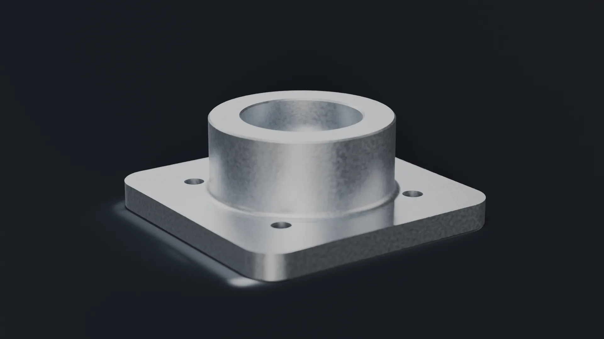 Ein glasperlengestrahltes Lagergehäuse aus Aluminium, mit der Bohrung zur Kamera, auf heller Studiofläche.